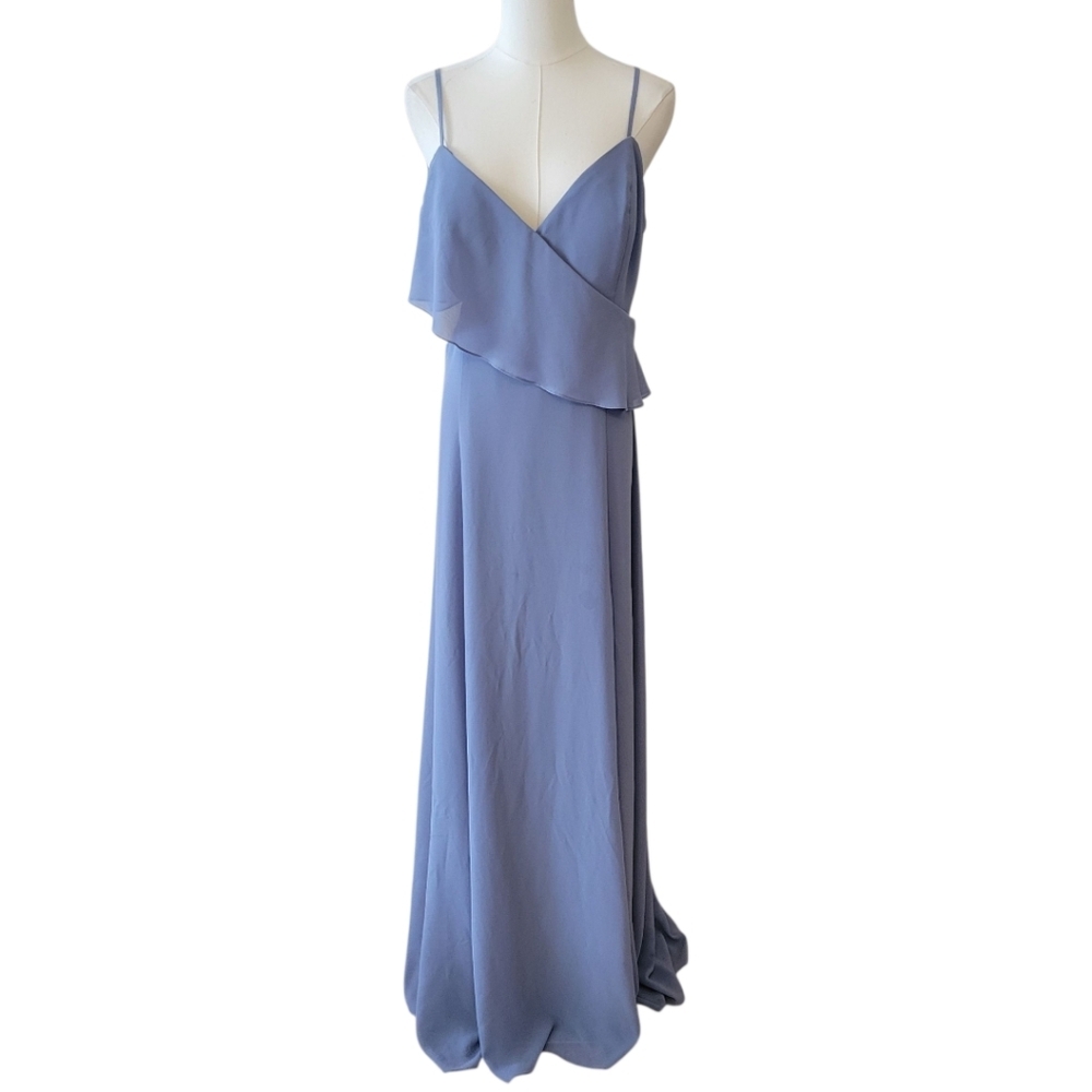 Amsale Smoky Blue Cutout Long Chiffon Gown Size 12